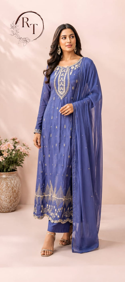 Powder Periwinkle Chinon Embroidered anarkali Suit Set (RT1175)