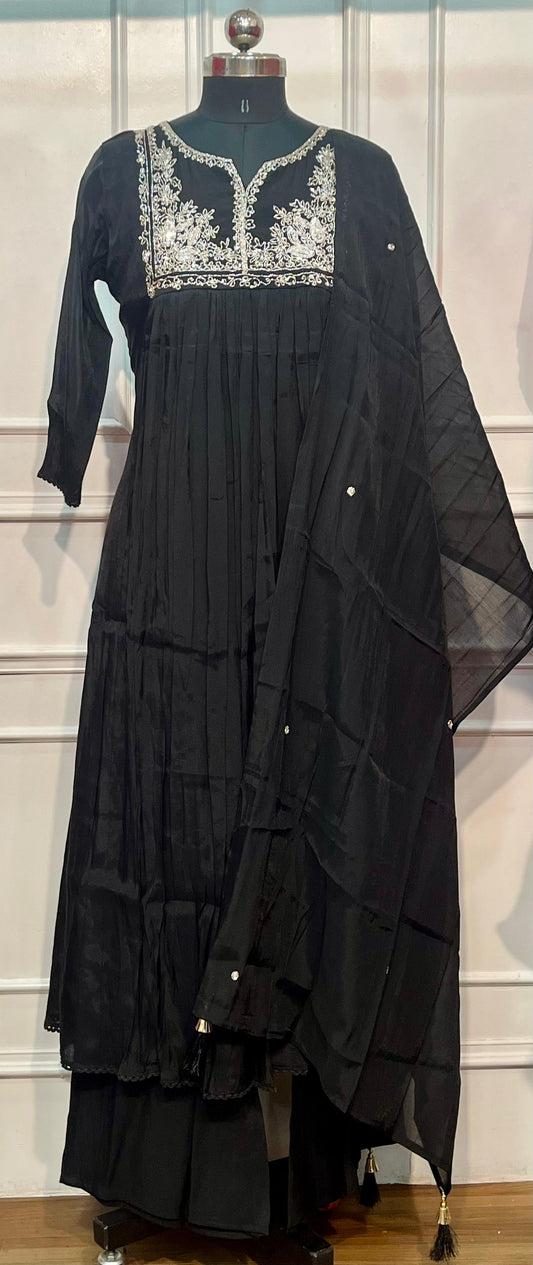 Black Majesty Premium Mull Chanderi A-Line Suit Set (RT1183)