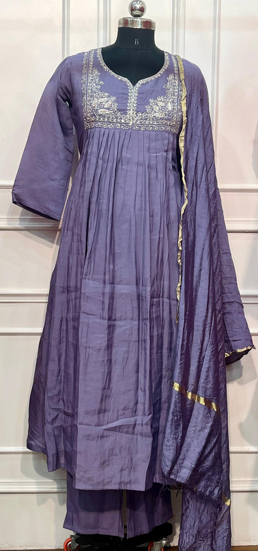 Lavender Haze Premium Mull Chanderi A-Line Suit Set (RT1186)