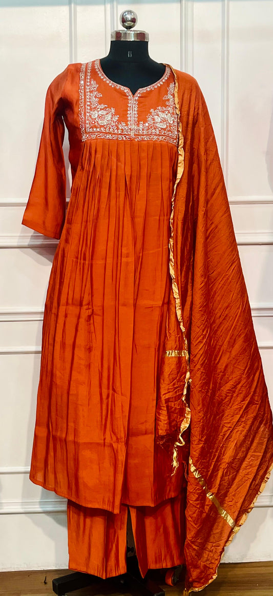 Burnt Orange Grace Premium Mull Chanderi A-Line Suit Set (RT1188)