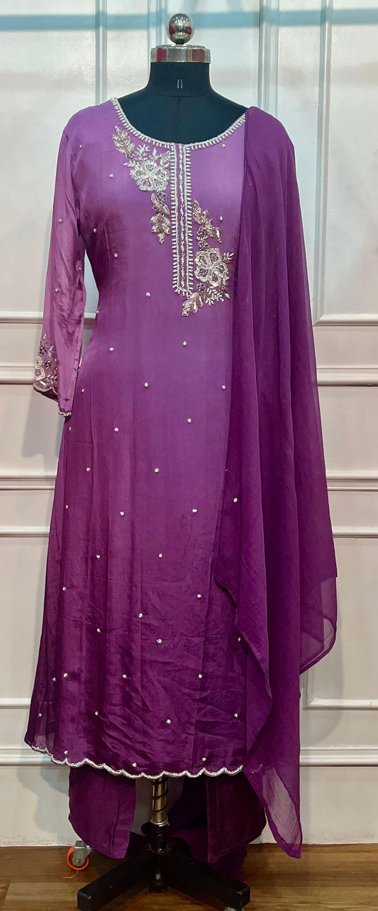 Orchid Ombre Premium Chinon Embroidered A-Line Suit Set (RT1190)