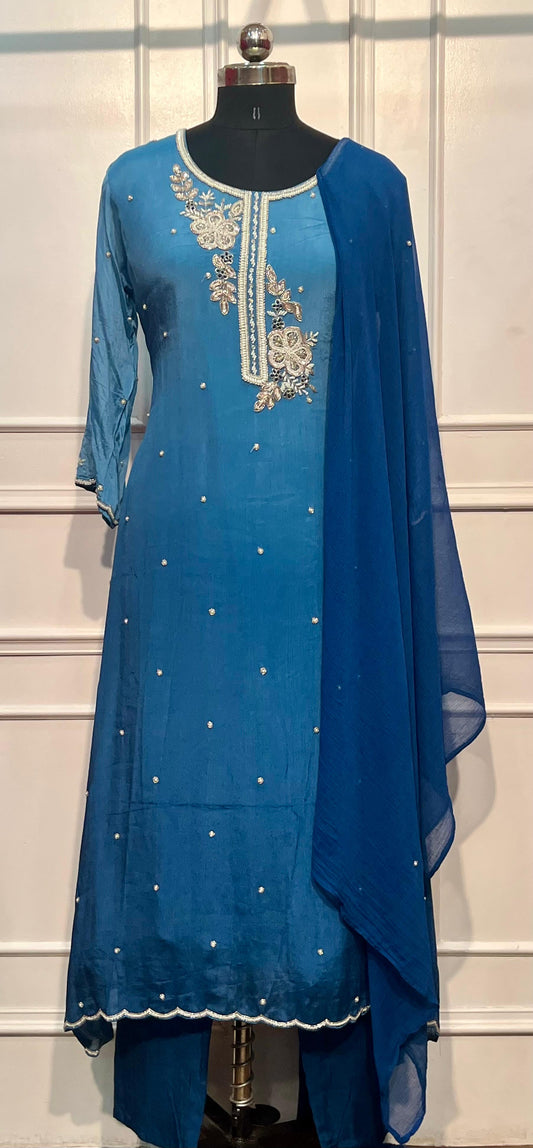 Azure Ombre Premium Chinon Embroidered A-Line Suit Set (RT1189)