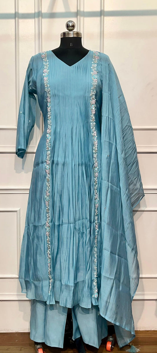 Misty Horizon Premium Mull Chanderi Embroidered Suit Set (RT1196)