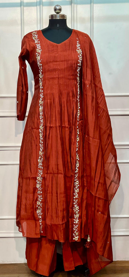 Copper Glow Premium Mull Chanderi Embroidered Suit Set (RT1193)