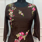 Mocha Flora Mull Chanderi Embroidered A-Line Set (RT1202)