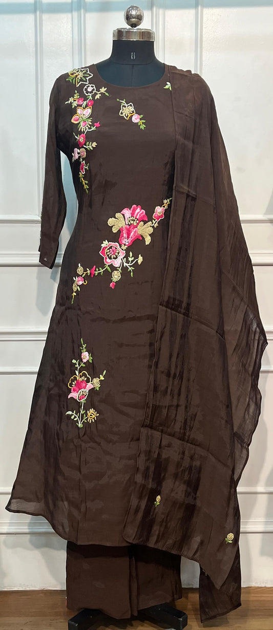 Mocha Flora Mull Chanderi Embroidered A-Line Set (RT1202)