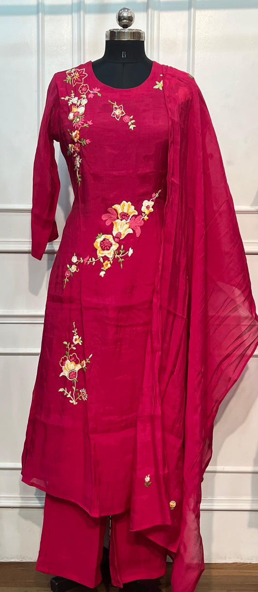Ruby Blossom Mull Chanderi Embroidered A-Line Set (RT1201)