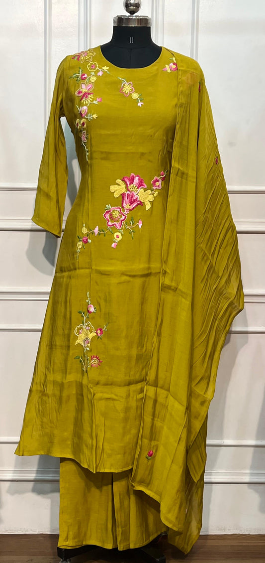 Olive Bloom Mull Chanderi Embroidered A-Line Set (RT1200)