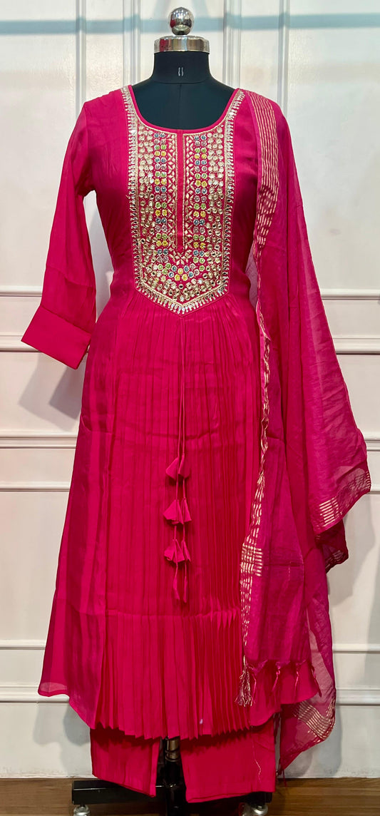 Fuchsia Royale Premium Mull Chanderi Embellished A-Line Suit Set (RT1205)