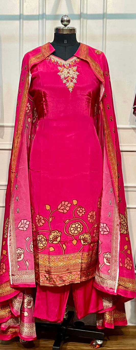 Fuchsia Blossom Butter Crepe Cape Suit Set (RT1214)