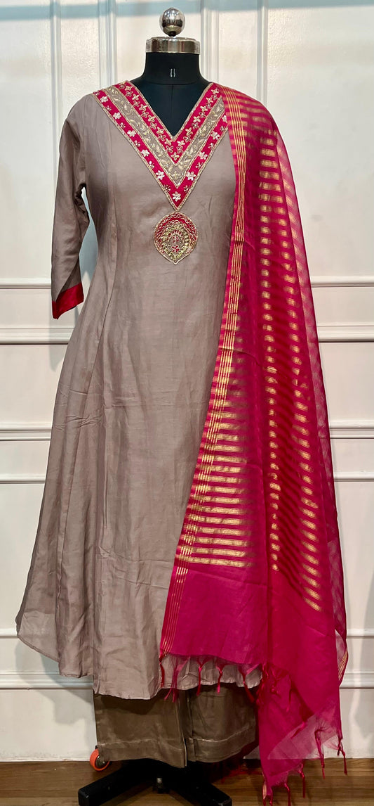 Rani Taupe Banaras Mull Chanderi Embroidered 3 Piece Suit Set (RT1228)