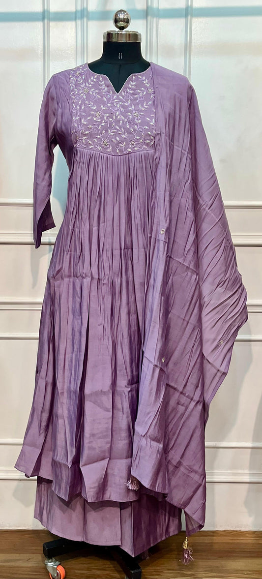 Lavender Grace Mull Chanderi Embroidered 3 Piece Suit Set (RT1225)