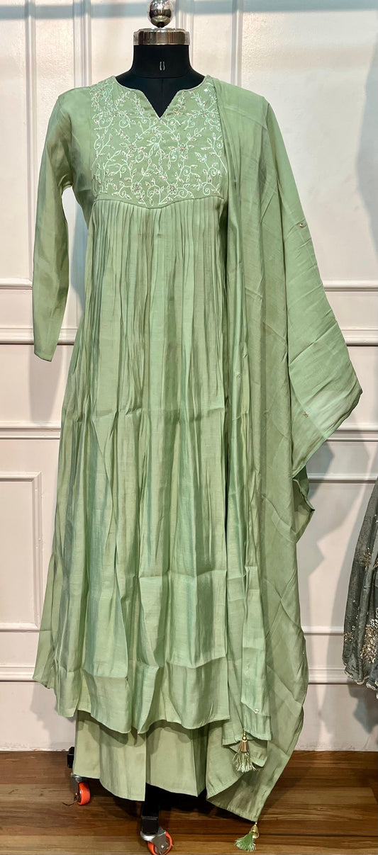 Sage Serenity Mull Chanderi Embroidered 3 Piece Suit Set (RT1224)