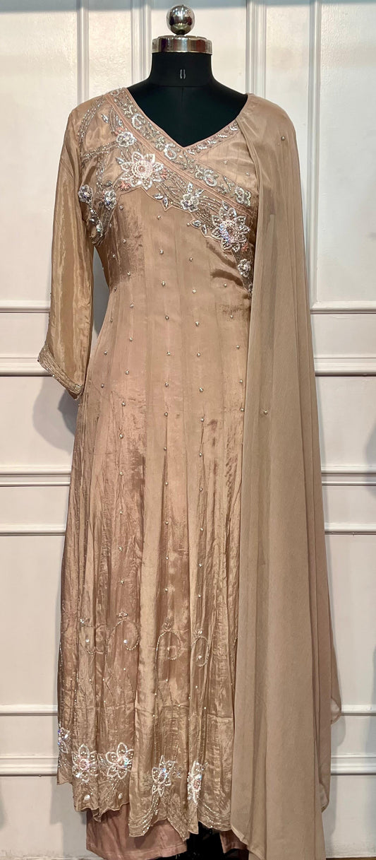 Champagne Glow Chinon Embroidered Anarkali Suit Set (RT1231)