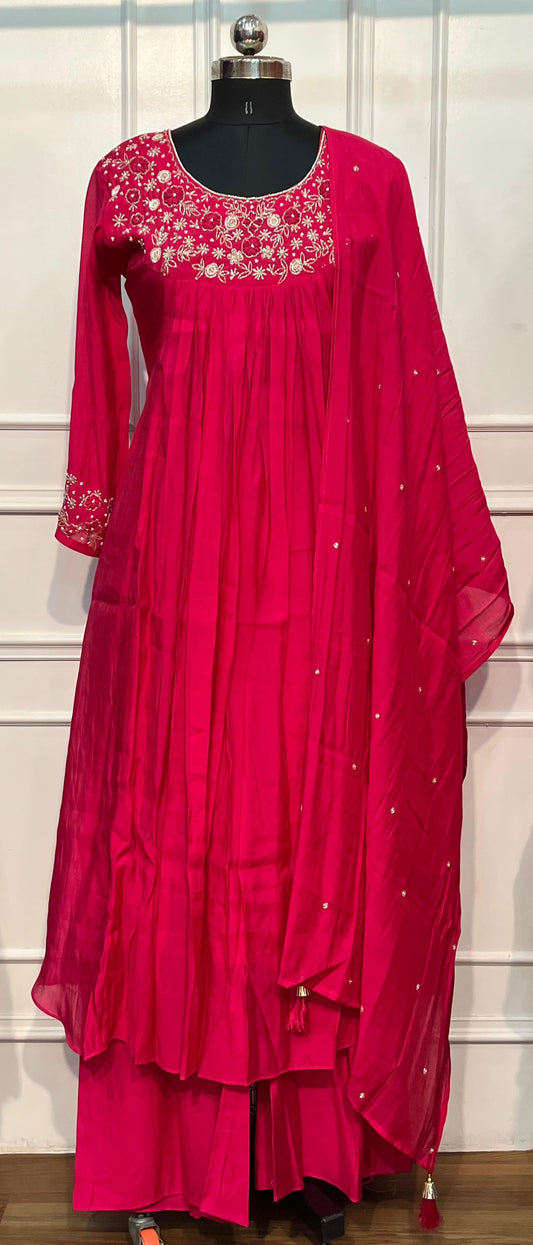 Magenta Muse Mull Chanderi Embroidered Anarkali Suit Set (RT1236)