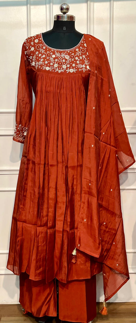 Rustic Cinnamon Mull Chanderi Embroidered Anarkali Suit Set (RT1235)