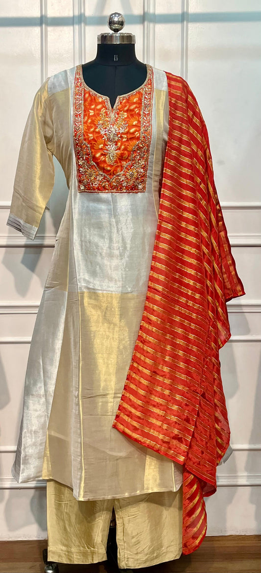 Golden Ember Dual Tone Metallic Shimmer Embroidered A-Line Kurta Set (RT1237)