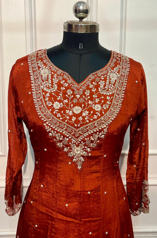 Rust Imperial Chinon Embroidered Anarkali Suit Set (RT1239)