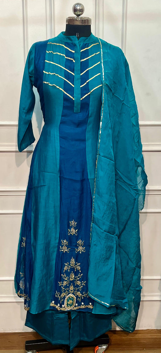 Teal Majesty Mull Chanderi Embroidered A-Line Suit Set (RT1256)