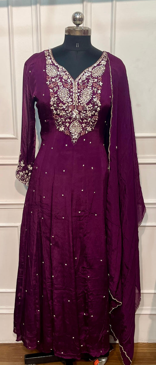 Royal Azure Chinon Embroidered Anarkali Suit Set (RT1250)