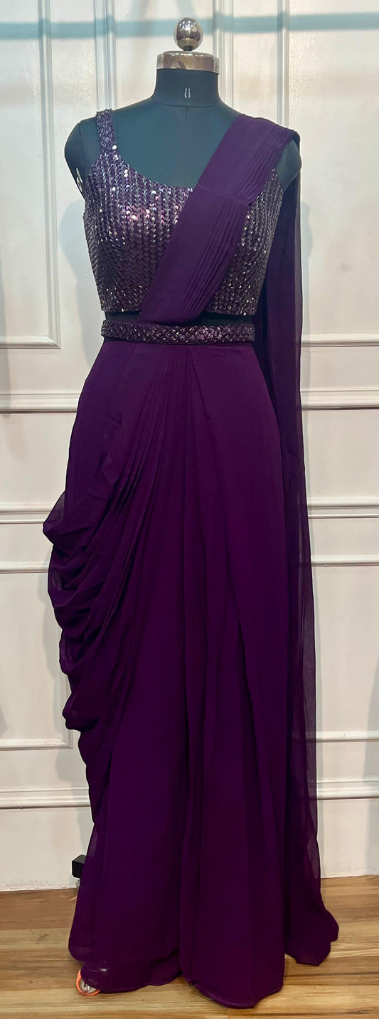 Royal Plum Sequin Silk One Minute Saree (RT1261)