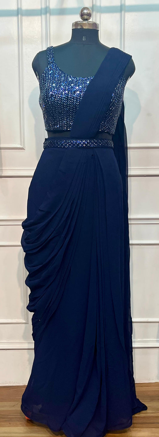 Midnight Navy Sequin Silk One Minute Saree (RT1259)