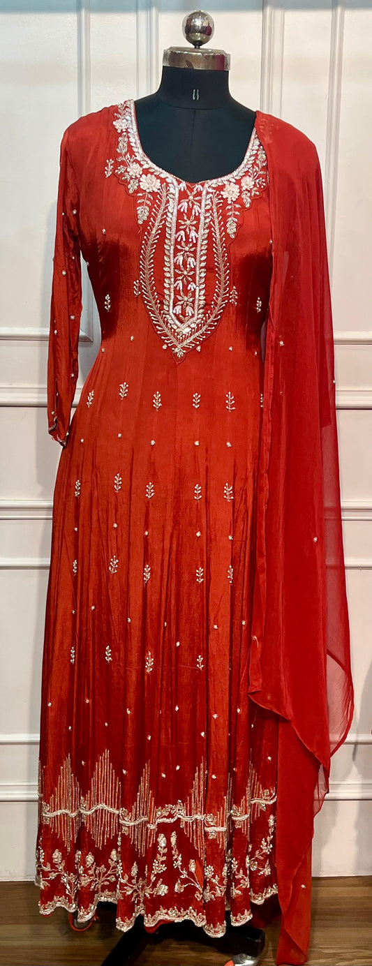 Vibrant Orange Chinon Embroidered Anarkali (RT1273)