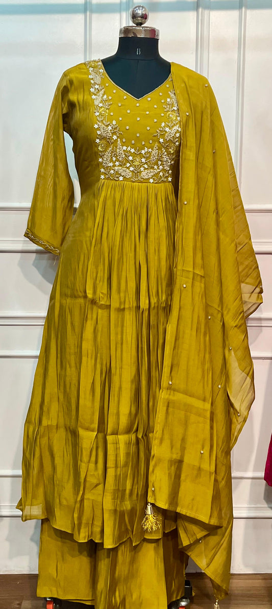 Mustard Bloom Embroidered Mull Chanderi Suit Set (RT1270)