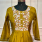 Olive Mustard Floral Embroidered Mull Chanderi Anarkali Set (RT1267)