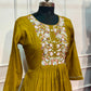 Olive Mustard Floral Embroidered Mull Chanderi Anarkali Set (RT1267)