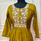 Olive Mustard Floral Embroidered Mull Chanderi Anarkali Set (RT1267)