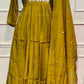 Olive Mustard Floral Embroidered Mull Chanderi Anarkali Set (RT1267)