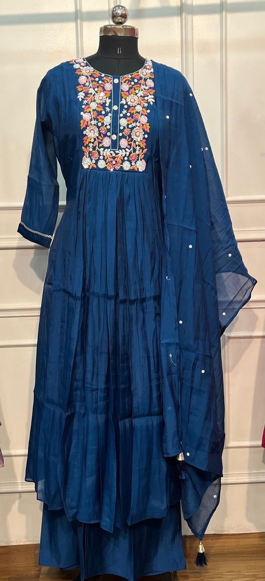 Royal Blue Floral Embroidered Mull Chanderi Anarkali Set (RT1268)