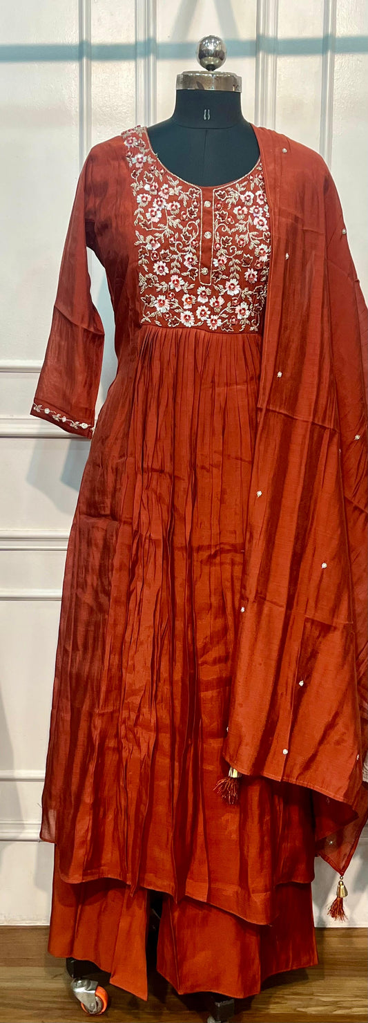 Rust Orange Mull Chanderi A-Line Suit Set (RT1275)