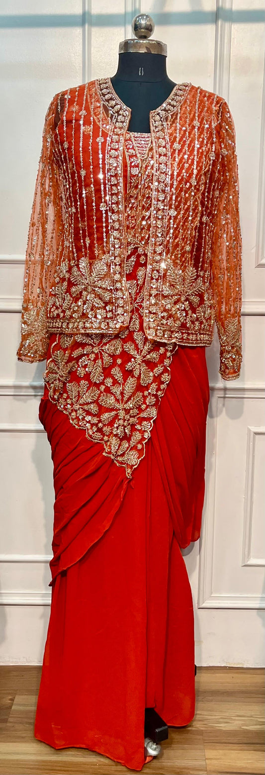 Radiant Rust Georgette Embroidered One Minute Saree (RT1280)