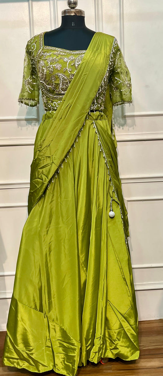 Luminous Lime Green Embroidered Satin Lehenga Set with Draped Dupatta (RT1297)