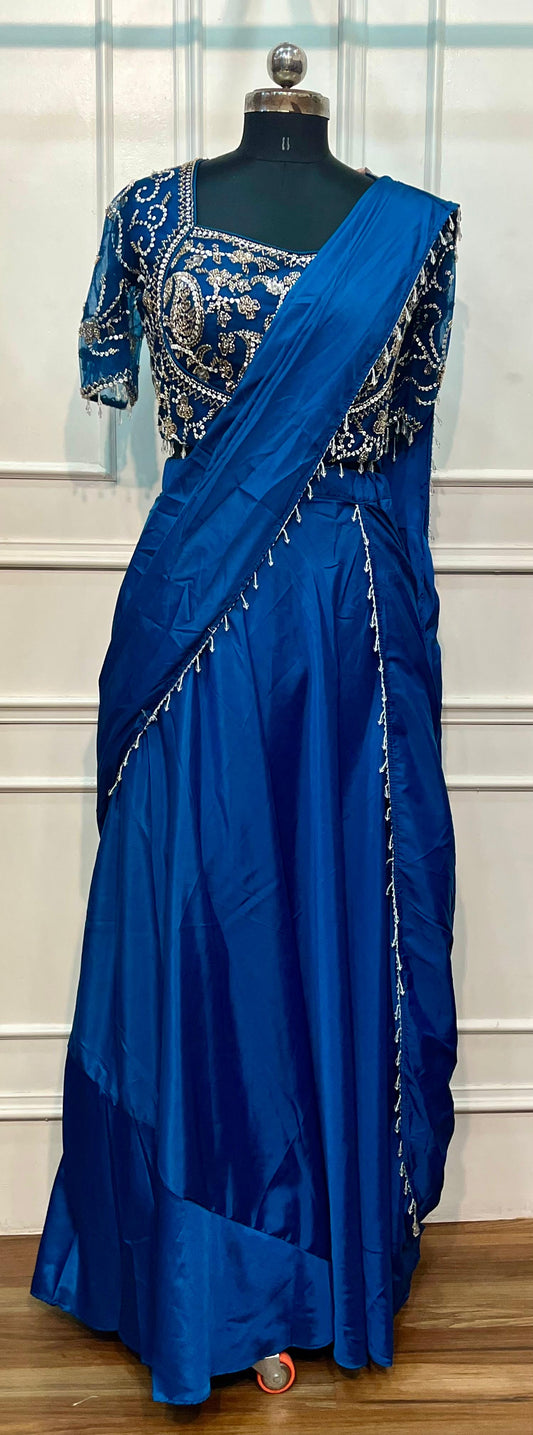 Royal Sapphire Blue Embroidered Satin Lehenga Set with Draped Dupatta (RT1296)