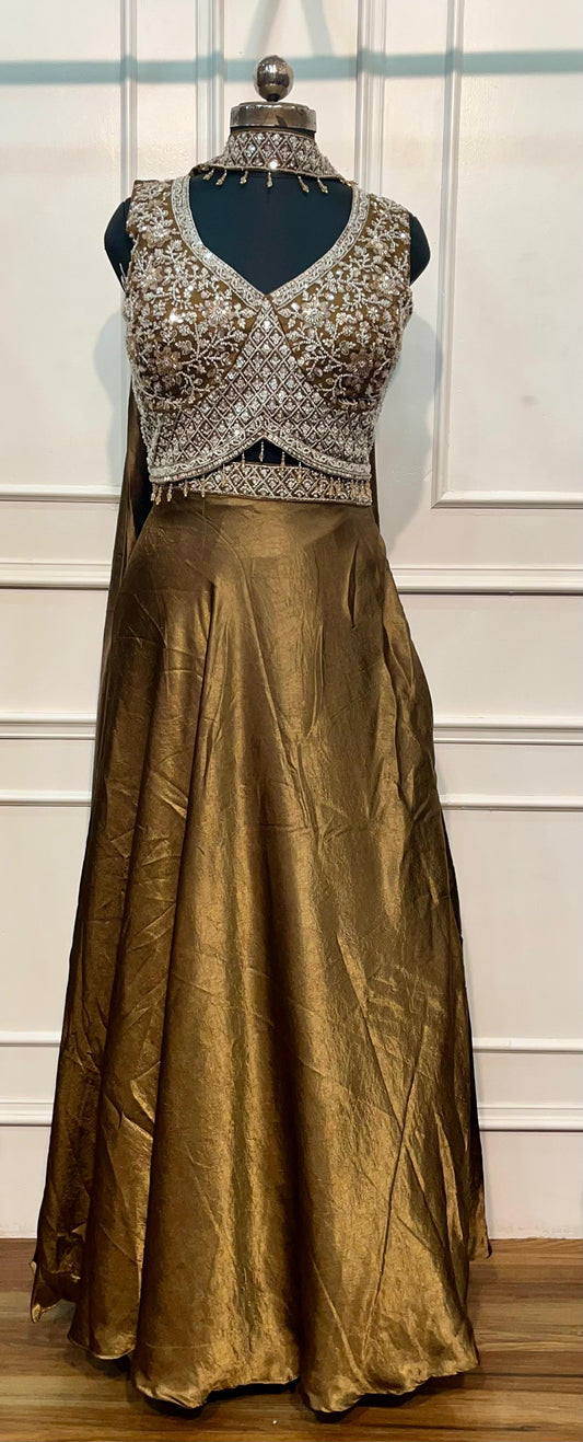 Regal Chocolate Bronze Floral Embroidered Metallic Lehenga Choli Set with Sheer Dupatta (RT1287)