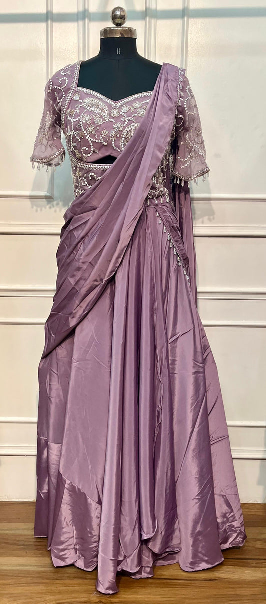 Enchanting Lavender Lilac Embroidered Satin Lehenga Set with Draped Dupatta (RT1300)
