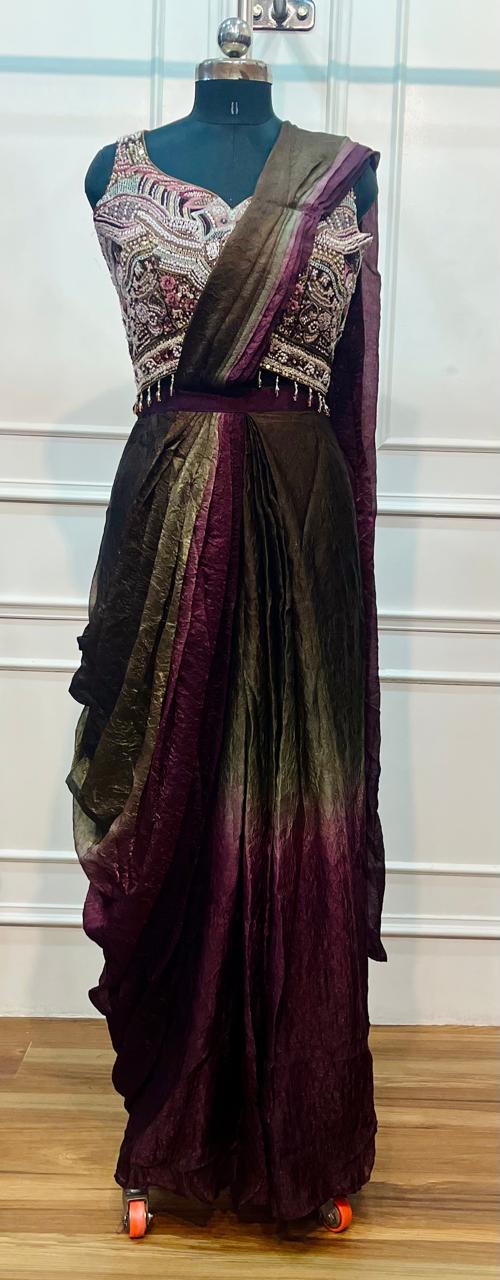 Royal Plum Crush Space Silk Embroidered One Minute Saree (RT1288)