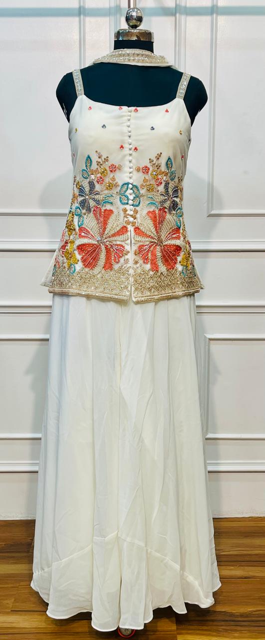 Ivory Bloom Georgette Embroidered Palazzo Set (RT1293)