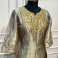 Champagne Grey Salsa Silk Embroidered Anarkali Set with Striped Dupatta(RT1313)