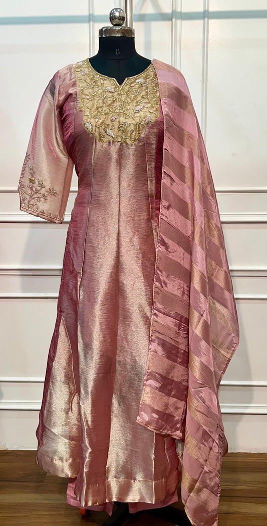 Rose Pink Salsa Silk Embroidered Anarkali Set with Striped Dupatta (RT1314)