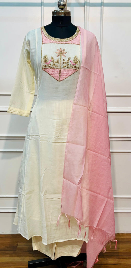 Cream White Embroidered Mull Chanderi A-Line Suit Set (RT1326)