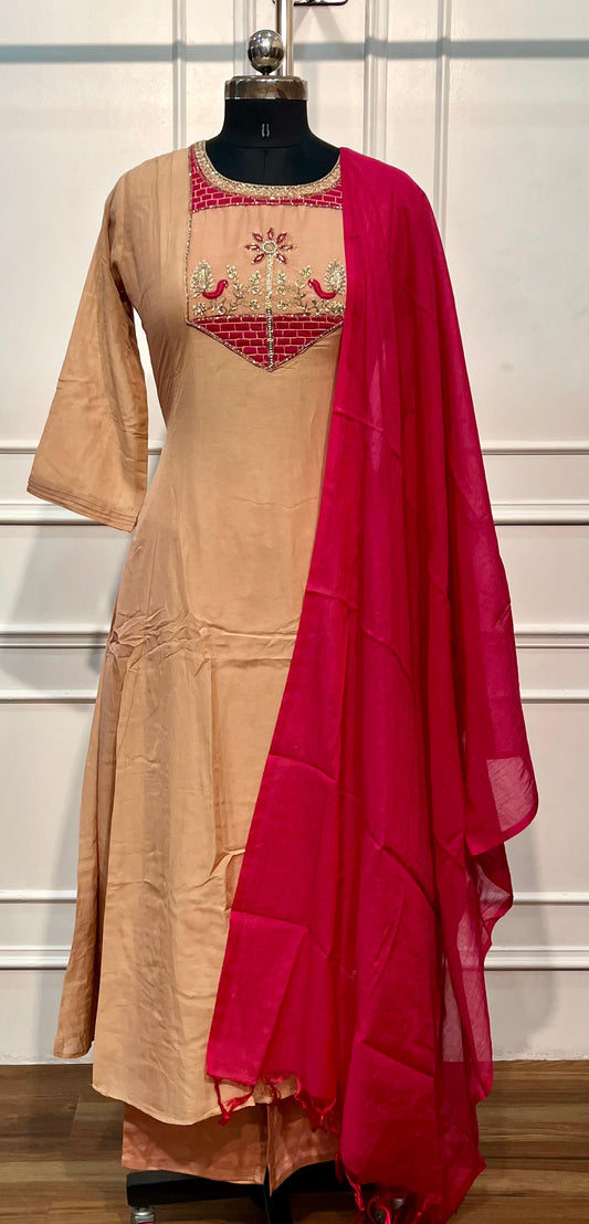 Sandalwood Embroidered Mull Chanderi A-Line Suit Set (RT1327)