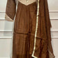Chocolate Brown & Beige Embroidered Mull Chanderi A-Line Suit Set (RT1334)