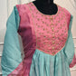 Aqua Blue & Pink Floral Embroidered Mull Chanderi A-Line Suit Set (RT1332)