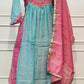 Aqua Blue & Pink Floral Embroidered Mull Chanderi A-Line Suit Set (RT1332)