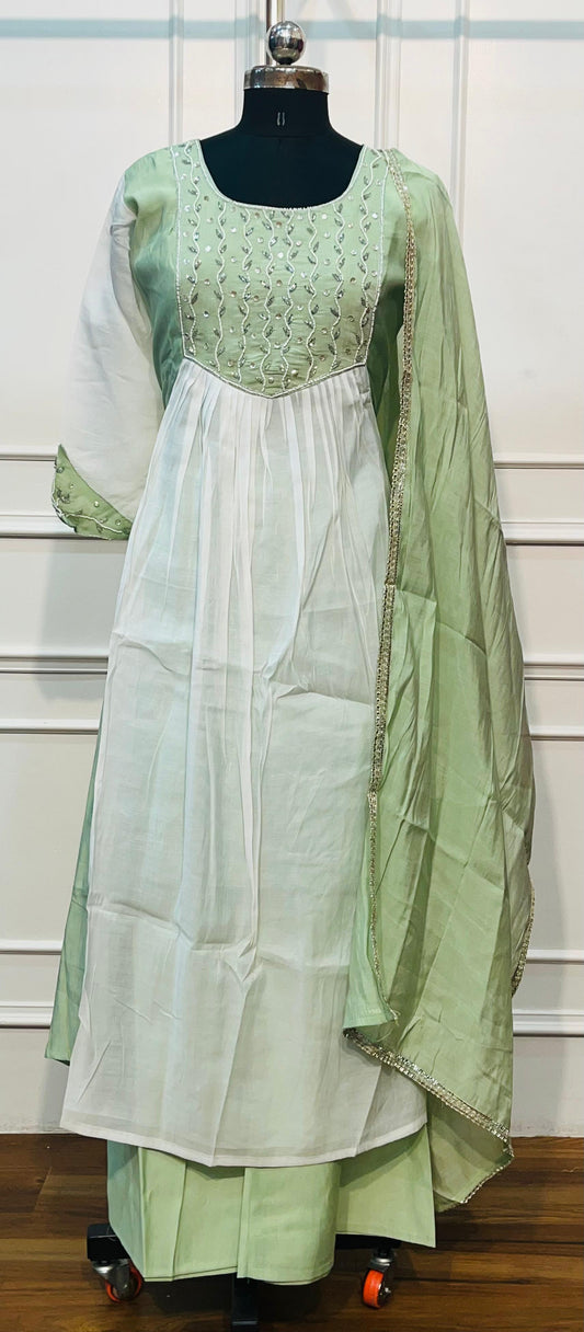 Sage Green & Ivory White Embroidered Mull Chanderi A-Line Suit Set (RT1331)