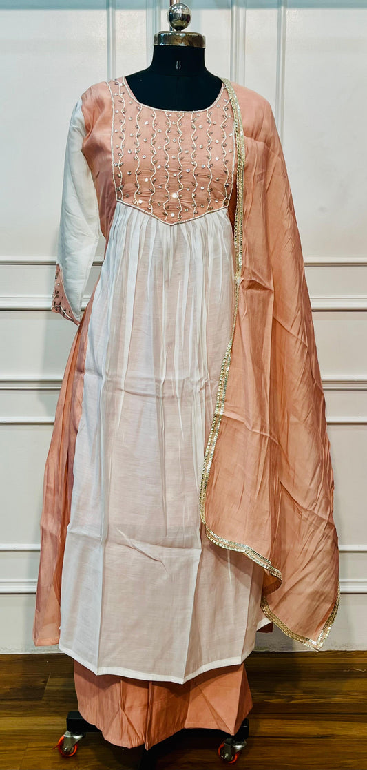 Ivory White & Peach Embroidered Mull Chanderi A-Line Suit Set (RT1330)